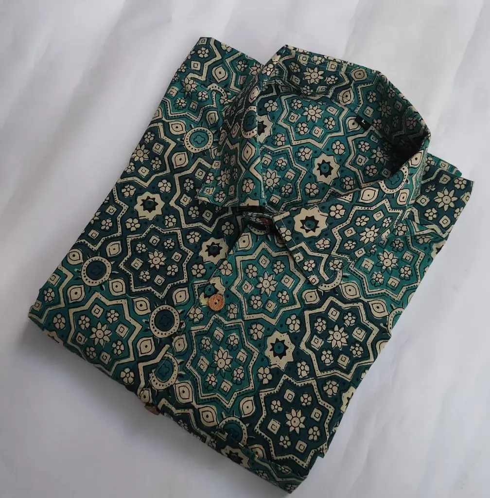 Handblock Printed Pure Cotton Men’s Shirts - Half Sleeves (Teal, XS (36))