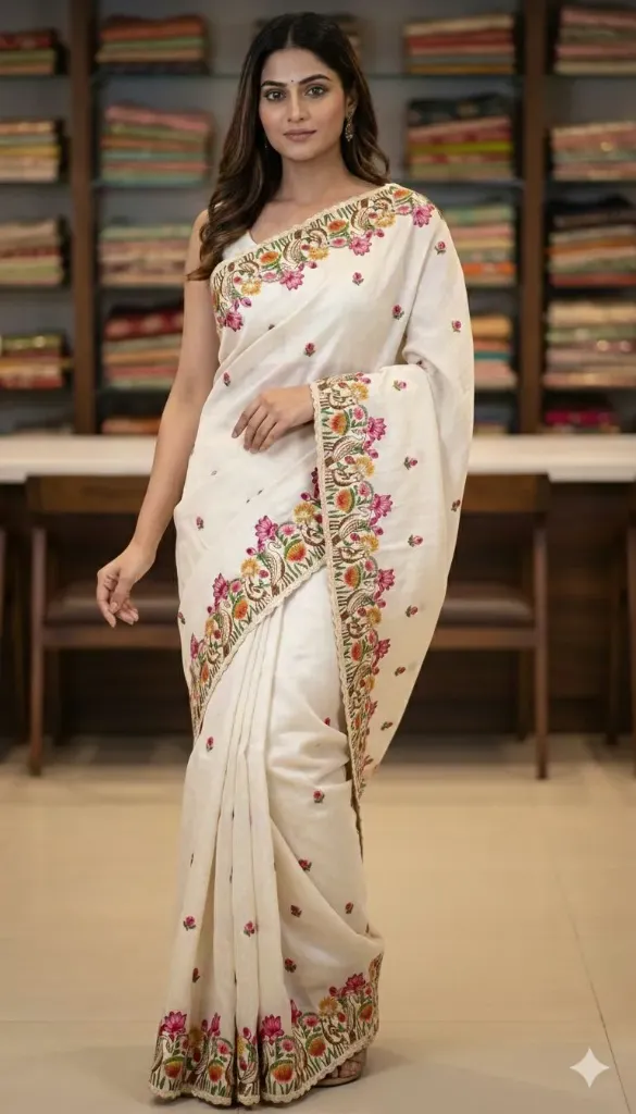 Natural Pearl Touch Floral Embroidery Tussar Silk Saree