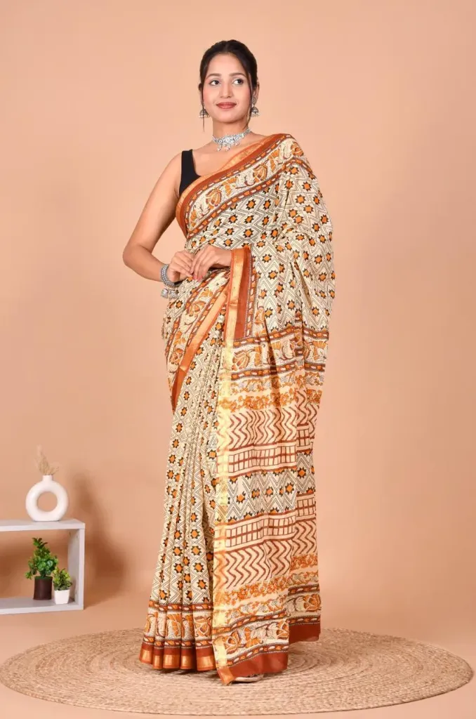 Bagru Block Print Cotton Zari Sarees