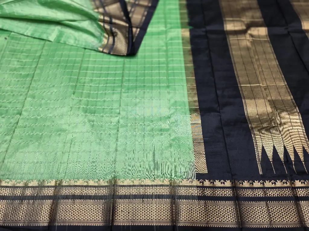 Pure Silk Ilkal Check Sarees (Pista Green)