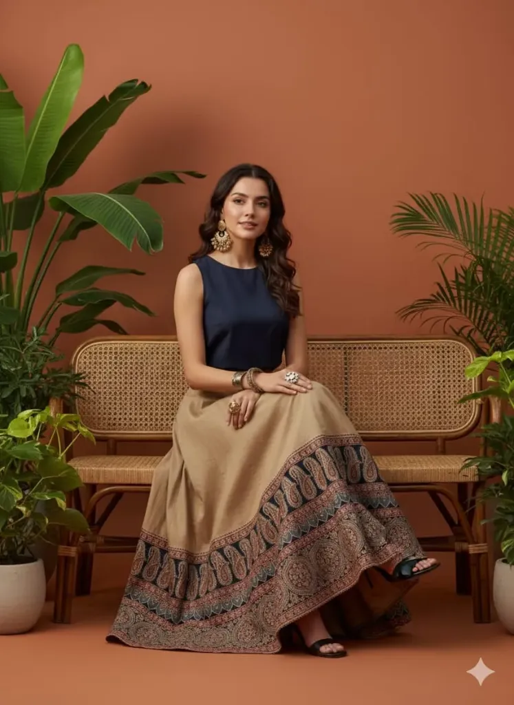 Exclusive Pure Cotton Plain Kali & Natural Ajrakh Patta Skirt (Beige)