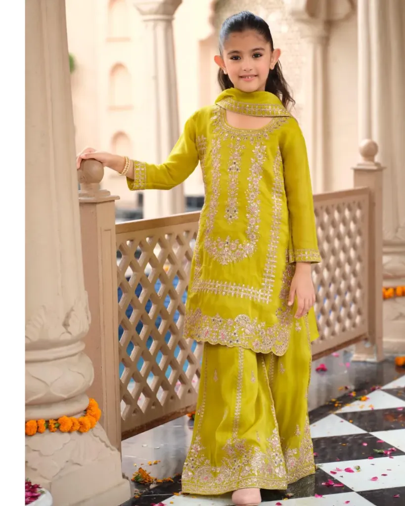 Kids Wear -  Elegant Shimmer 3-Piece Set (Parrot Green, 28")
