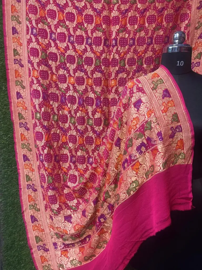 Pure Banarasi Georgette Meenakari Figure Bandhej Dupatta (Pink)