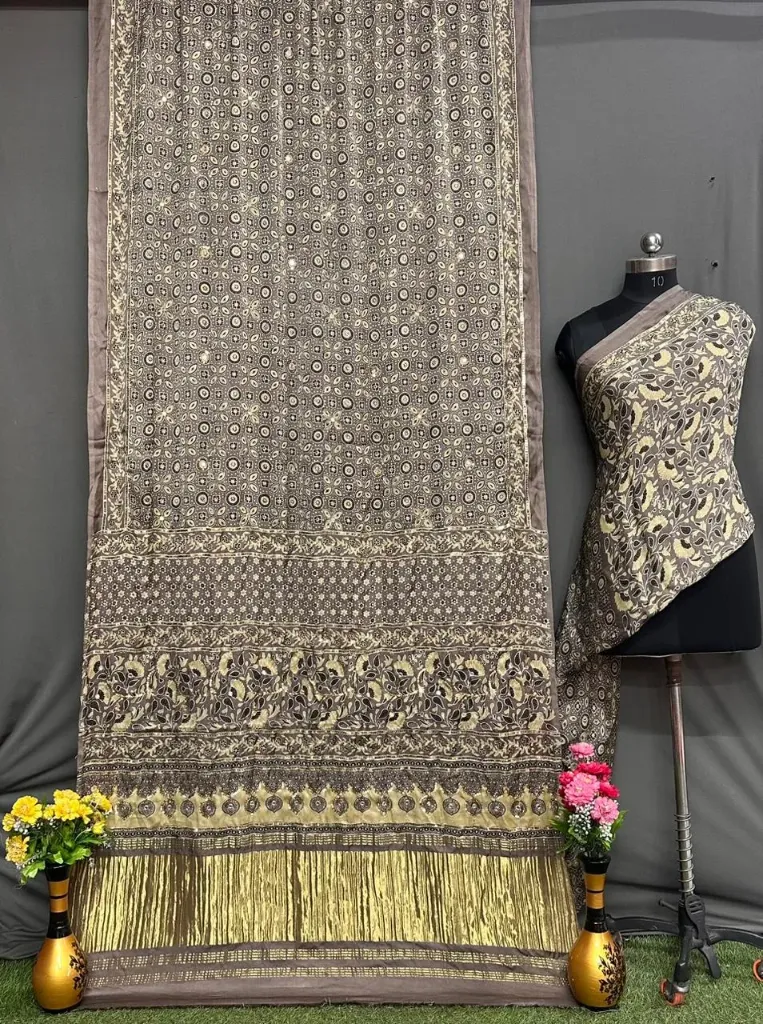 Modal Ajrakh Hand Block Print Saree with Khatli Work