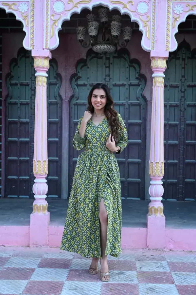Bagru Printed Angrakha Long Dress