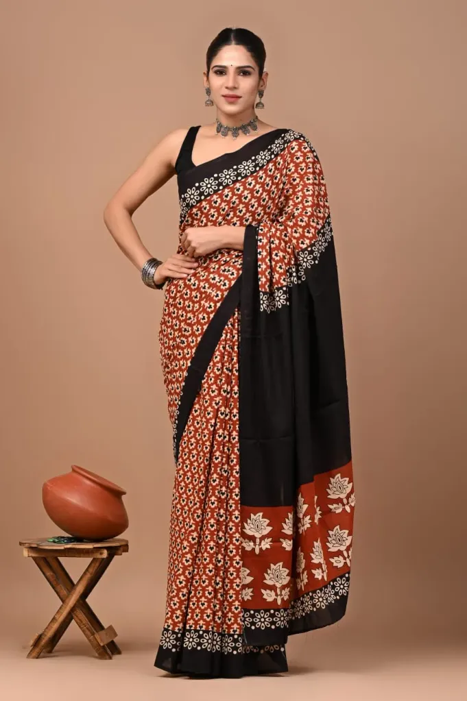 Bagru Block Print Cotton Mulmul Sarees
