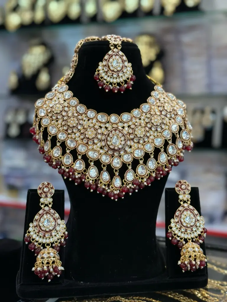 Uncut Kundan & Meenakari Necklace Set (Maroon)