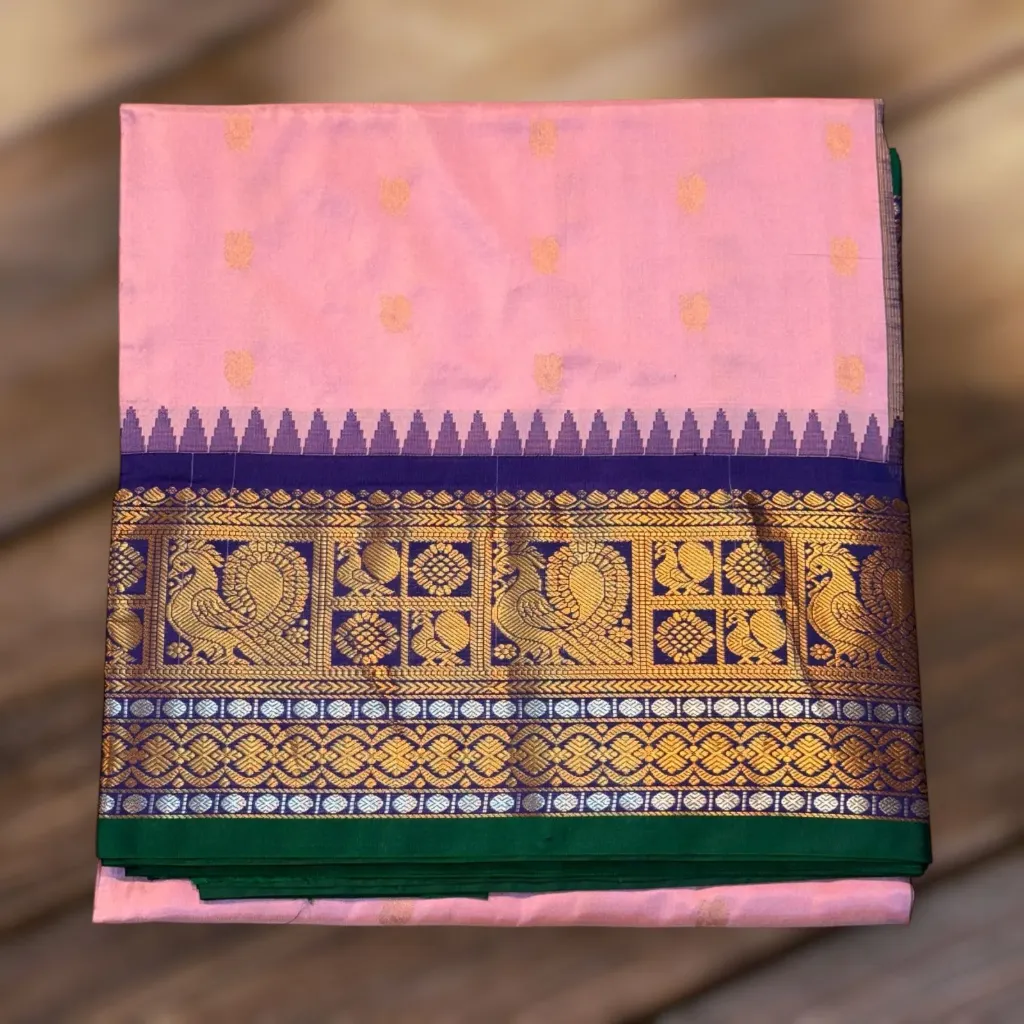 Narayanpet Silk Sarees with Peacock Border (Light Pink)