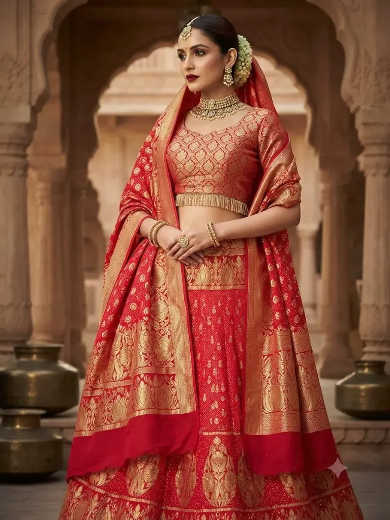 Banarasi Pure Georgette Bandhani Lehenga Choli Set (Red)