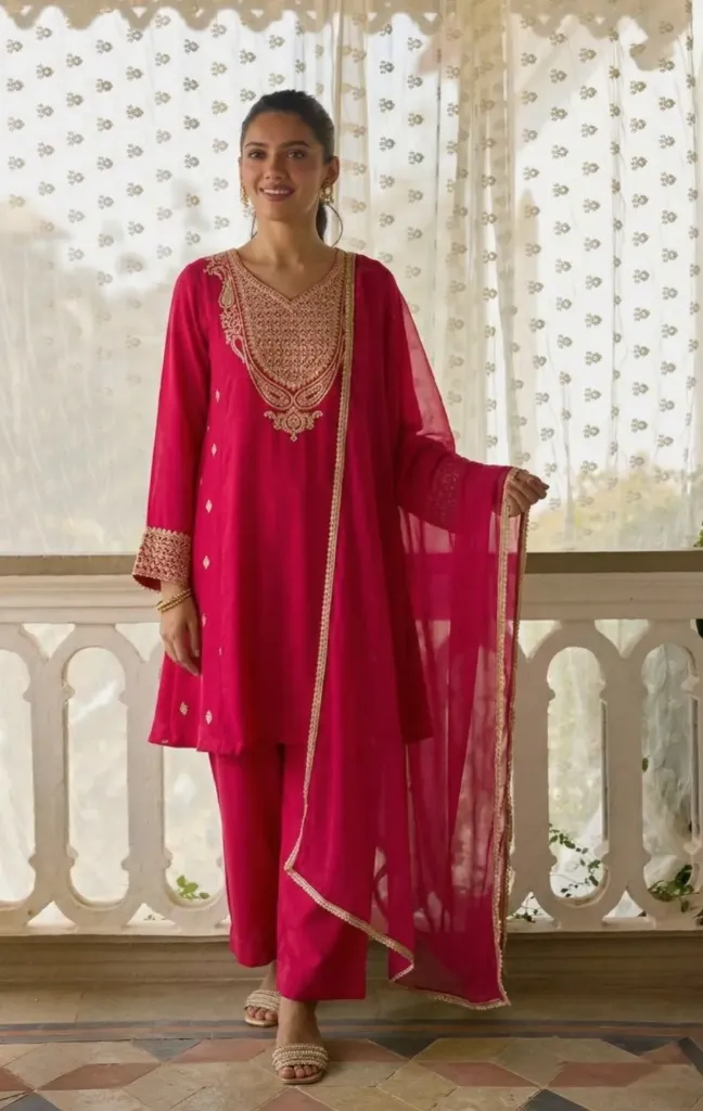 Cotton Silk A-Line Kurta Set with Soft Net Dupatta (Rani Pink, 34'')