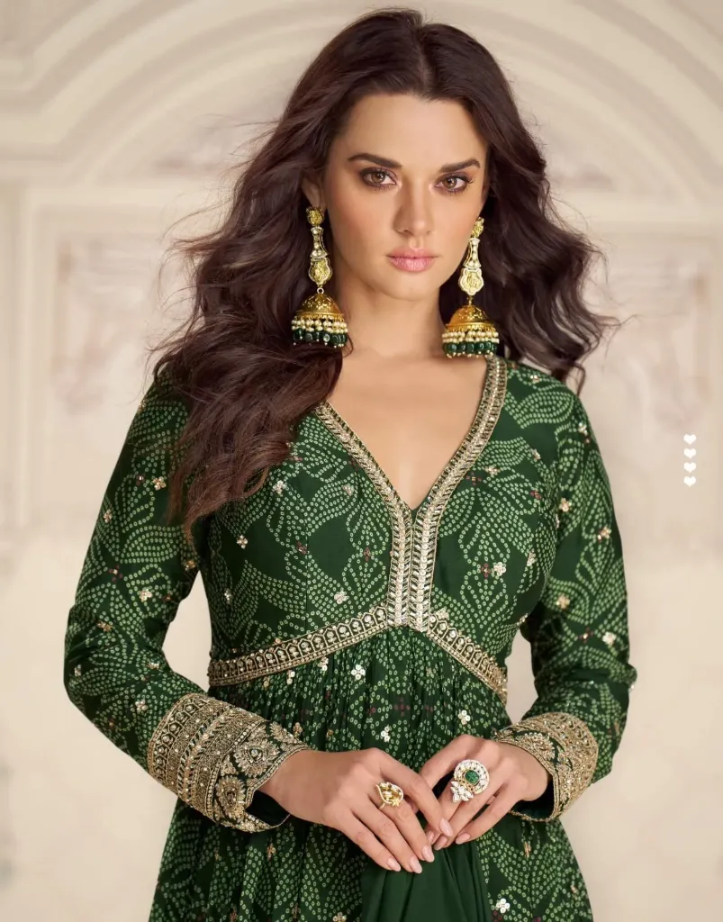 Premium Chinon Silk Embroidered Gown with Dupatta (Green)
