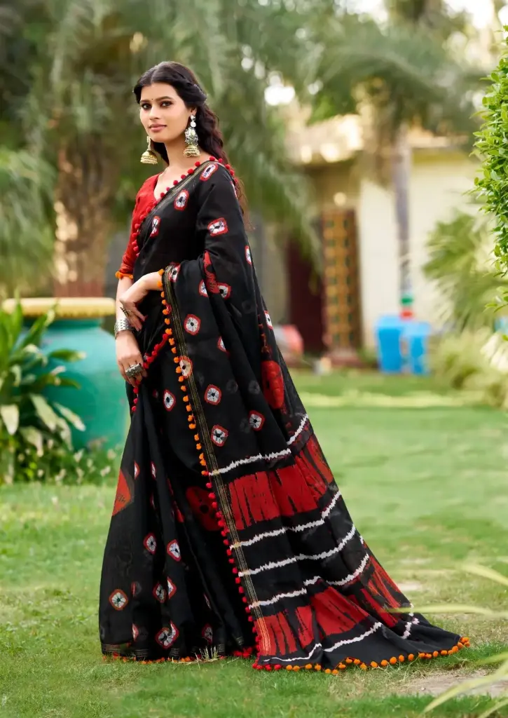 Mulmul Cotton Sarees (Black-Red)