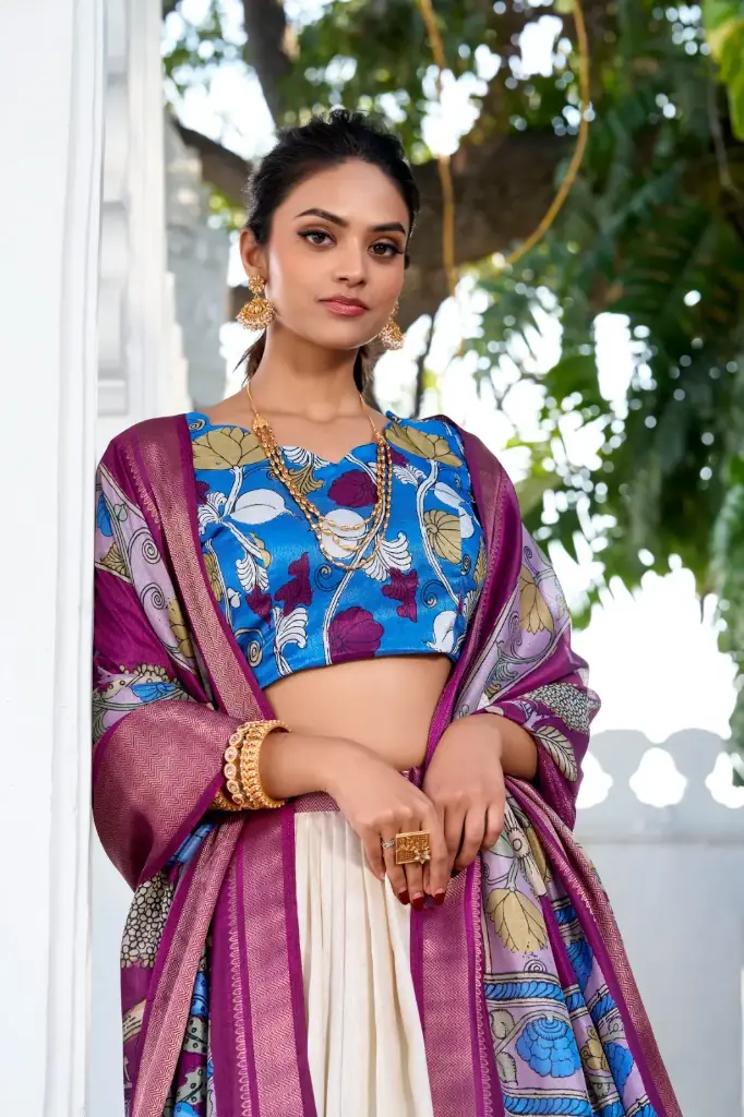 Kalamkari Lehenga (White, Printed)