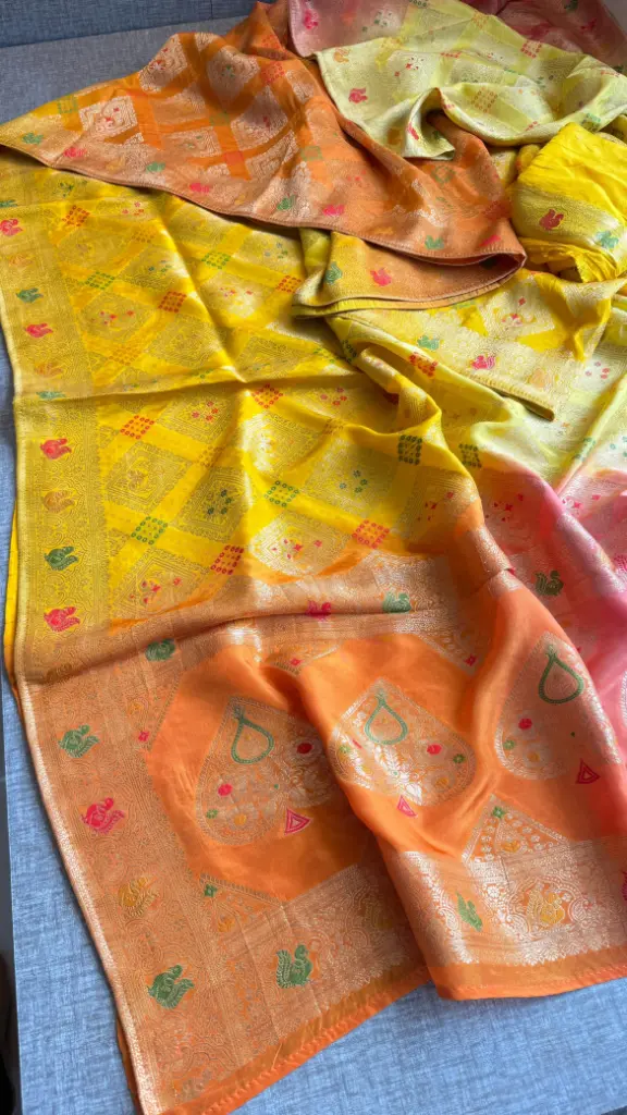 Pure Munga Silk Banarasi Weave Saree (Yellow Mix)
