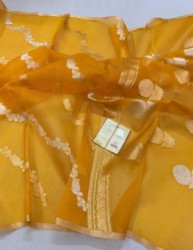 Handloom Exclusive Pure Banarasi Kora Organza Silk Saree (Golden Yellow)