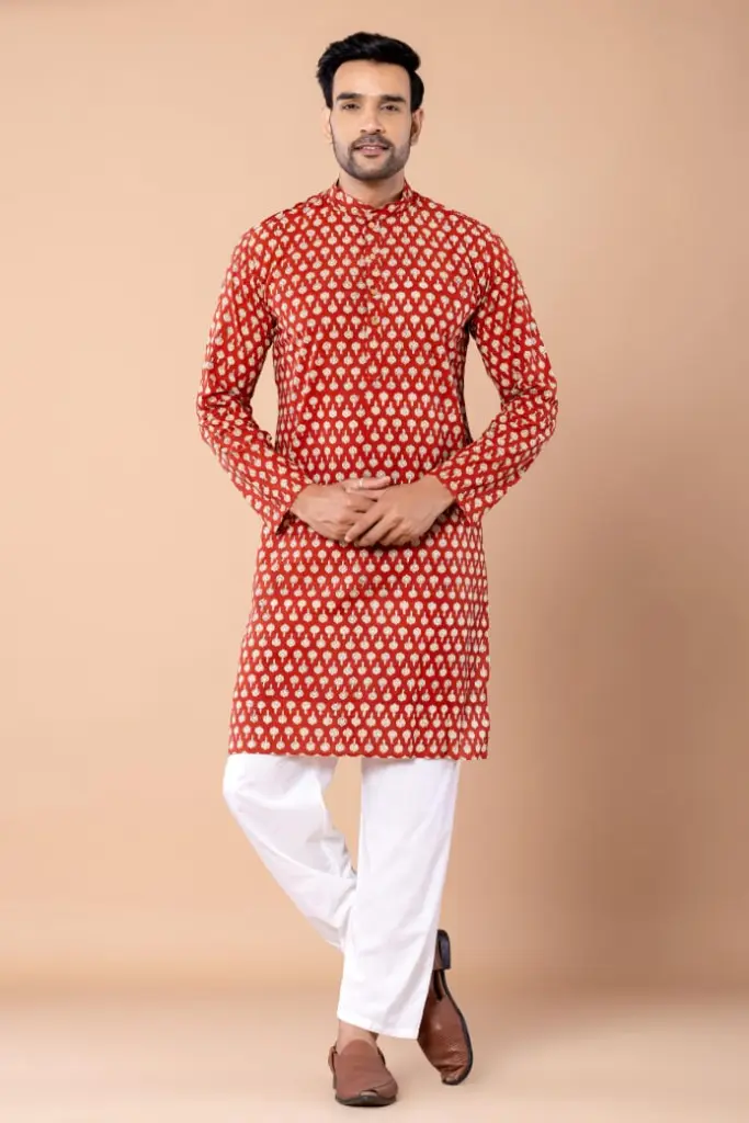 Traditional Bagru Printed Men's Ethnic Wear (Red, 38'')