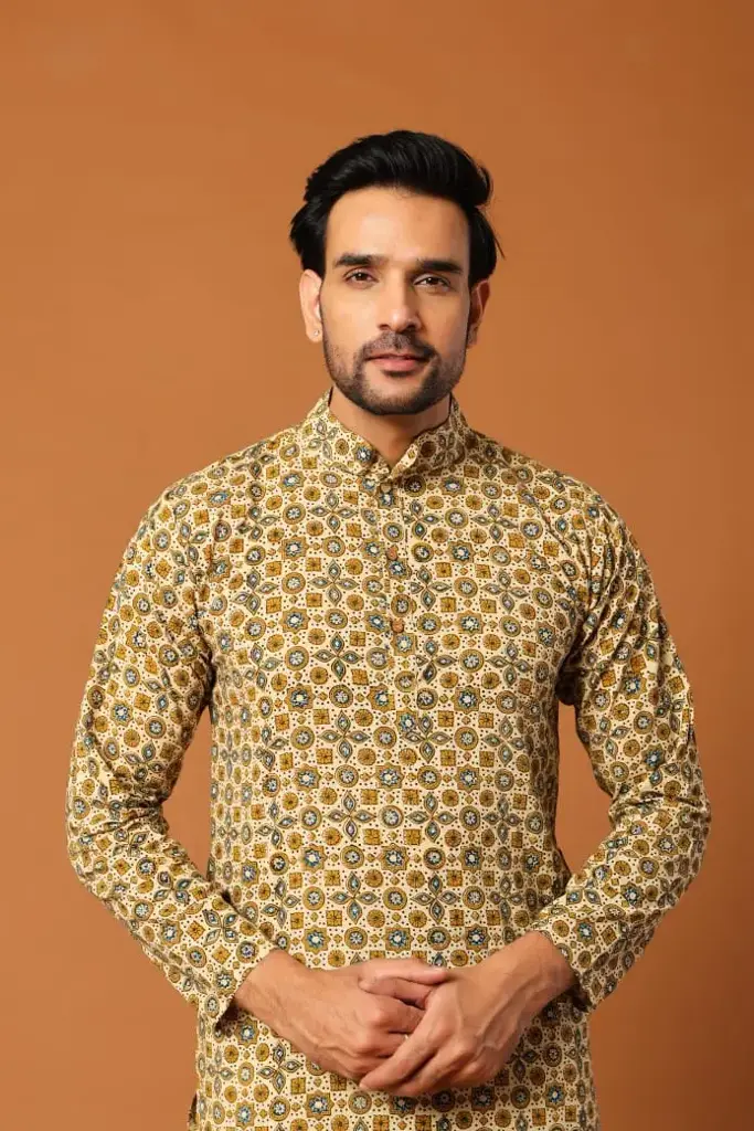 Pure Cotton Men's Long Kurta & Pajama (Beige, 38'')